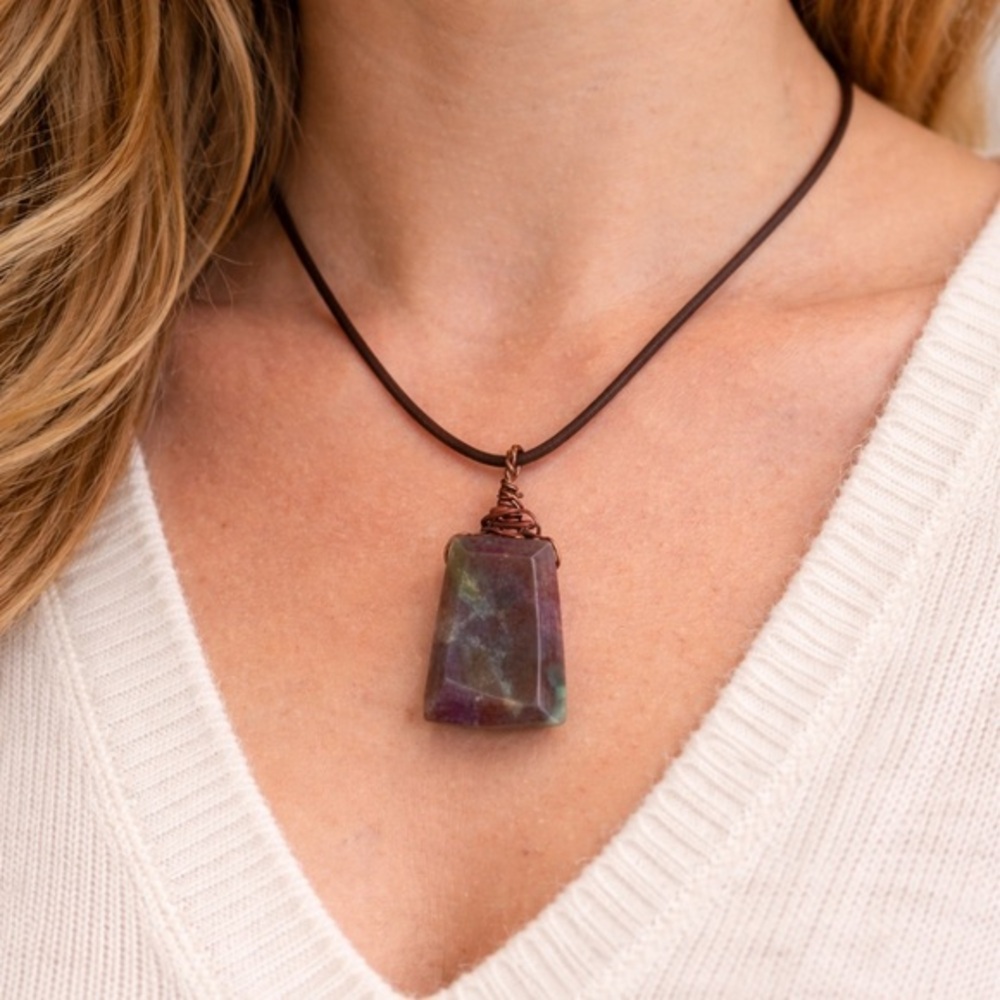 Purple Green Jasper Stone Pendant Leather Cord Necklace Handmade